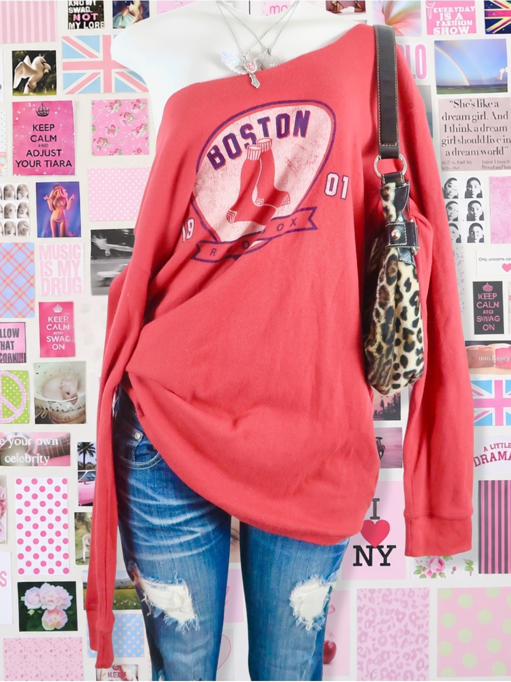 vintage y2k red boston graphic sweatshirt 2000s off shoulder